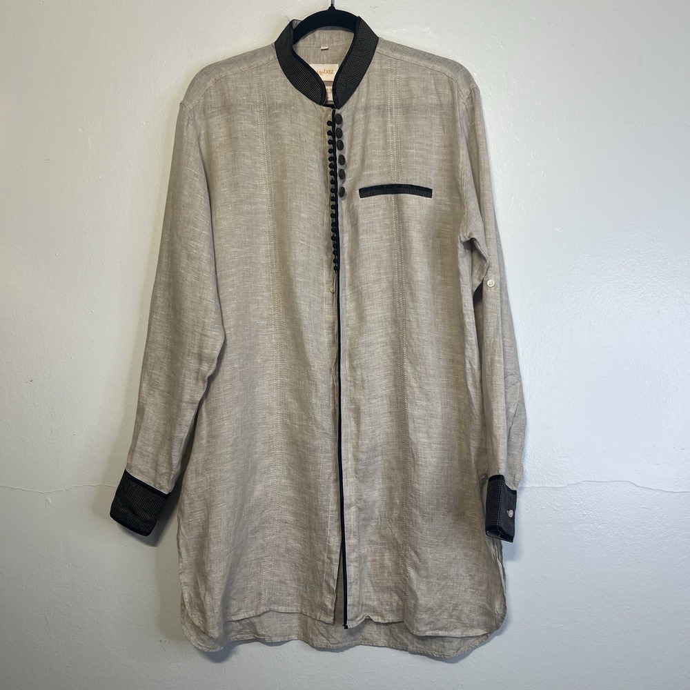 Mebaz 100% Linen Button Down Tunic Shirt Mandarin Collar Sz 40 L Rounded Hem